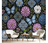 ANALTIRCE 3D Wall Mural Geometry Flowers Print Photo Wallpaper, Luxury Non-Woven Wall Decoration Poster Picture Patchwork Butterflies Design Modern 400 x 280 cm Mural for Living Room Bedroom