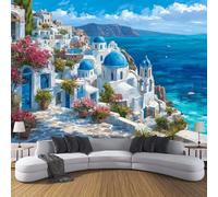 ANALTIRCE 3D Wall Mural Mediterranean City Print Photo Wallpaper, Luxury Non-Woven Wall Decoration Poster Picture Santorini Castle Design Modern 150×105cm Mural for Living Room Bedroom