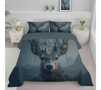 ANALTIRCE Abstract Deer King Duvet Set with 2 Pillowcases Coverless Duvet with A Forest Shrouded In Mist Pattern, Washable Reversible All Seasons Lightweight Warm Dark Blue Sewing Quilt Bedding Set