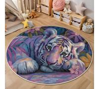 ANALTIRCE Abstract Flowers Animals Round Rugs Living Room 100 cm, Naughty Tiger Design Machine Washable Area Rug, Low Pile Circle Bedside Non-Slip Carpets for Bedroom, Lounge, Hall Pink