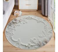 ANALTIRCE Baroque Relief Round Rugs Living Room 60 cm, Classical Floral Vine Design Machine Washable Area Rug, Low Pile Circle Bedside Non-Slip Carpets for Bedroom, Lounge, Hall White