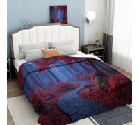 ANALTIRCE Blue Misty Forest Flannel Throw Blanket, 270GSM Soft Warm Fleece Throws, Red Fallen Leaves Road Blankets for Sofa Bed, Cozy Red Throw Blankets Home Decor, Queen