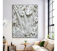 ANALTIRCE Canvas Wall Art, Plaster Relief Palm Leaves Wall Decor, White Monstera Leaves Fern Print Canvas for Bedroom Living Room Home Decoration 60×80 cm, Unframed