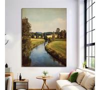 ANALTIRCE Canvas Wall Pictures, Retro Field Green Aesthetic Wall Art Posters for Living Room Bedroom Dining Room, Modern Home Decor Artwork Countryside Village River 60×90 cm Without Frame
