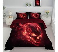ANALTIRCE Coverless Duvet Set with 1 Pillowcases, 7.5 Tog Single Reversible Duvet with Angry Skull Pattern, Flames Skulls Lightweight Travel Quilt, Black Machine Washable Comforter