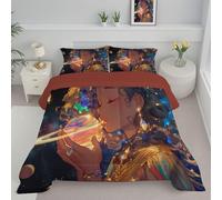 ANALTIRCE Coverless Duvet Set with 1 Pillowcases, 7.5 Tog Single Reversible Duvet with Goddess Kiss Saturn Pattern, Cartoon Lightweight Travel Quilt, Brown Machine Washable Comforter