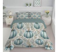 ANALTIRCE Coverless Duvet Set with 2 Pillowcases, 7.5 Tog Double Reversible Duvet with Autumn Pumpkin Pattern, Retro Plants Lightweight Travel Quilt, Blue Machine Washable Comforter