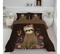 ANALTIRCE Coverless Duvet Set with 2 Pillowcases, 7.5 Tog Double Reversible Duvet with Cute Sloth Pattern, Retro Floral Lightweight Travel Quilt, Brown Machine Washable Comforter