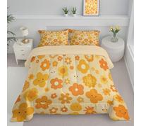 ANALTIRCE Coverless Duvet Set with 2 Pillowcases, 7.5 Tog Double Reversible Duvet with Flowers Pattern, Retro Floral Lightweight Travel Quilt, Yellow Machine Washable Comforter