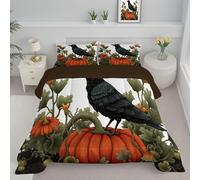 ANALTIRCE Coverless Duvet Set with 2 Pillowcases, 7.5 Tog Double Reversible Duvet with Halloween Pumpkin Pattern, Retro Crow Lightweight Travel Quilt, White Machine Washable Comforter