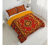 ANALTIRCE Coverless Duvet Set with 2 Pillowcases, 7.5 Tog Double Reversible Duvet with Retro Floral Pattern, Oriental Stripes Lightweight Travel Quilt, Red Machine Washable Comforter