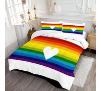 ANALTIRCE Coverless Duvet Set with 2 Pillowcases, 7.5 Tog Double Reversible Duvet with Simple Heart-Shaped Pattern, Rainbow Stripes Lightweight Travel Quilt, White Machine Washable Comforter