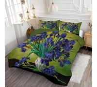 ANALTIRCE Coverless Duvet Set with 2 Pillowcases, 7.5 Tog Super King Reversible Duvet with Still Life Irises Pattern, Vase Flowers Lightweight Travel Quilt, Light Green Machine Washable Comforter