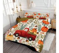 ANALTIRCE Coverless Quilt Set with 1 Pillowcases, 7.5 Tog Single Size Reversible Duvet All Seasons with Truck Pumpkin Pattern, Lightweight and Warm Countryside Leaves 140x200cm Comforter Red