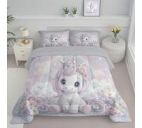 ANALTIRCE Coverless Quilt Set with 2 Pillowcases, 7.5 Tog Super King Size Reversible Duvet All Seasons with Dream Unicorn Rainbow Pattern, Lightweight and Warm Cute Animals 264x230cm Comforter Purple