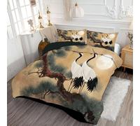 ANALTIRCE Coverless Quilt Single 7.5 Tog, 140x200cm Comforter Set with 1 Shams, Chinese Animals Coverless Duvet, Machine Washable Microfiber Red-Crowned Crane Branches Bed Quilt for All Seasons Khaki