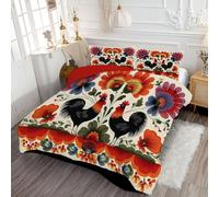 ANALTIRCE Coverless Quilt Single 7.5 Tog, 140x200cm Comforter Set with 1 Shams, Modern Flowers Coverless Duvet, Machine Washable Microfiber Abstract Rooster Flowers Bed Quilt for All Seasons Red