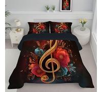 ANALTIRCE Coverless Quilt Single 7.5 Tog, 140x200cm Comforter Set with 1 Shams, Music Notes Coverless Duvet, Machine Washable Microfiber Abstract Floral Bed Quilt for All Seasons Red