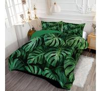 ANALTIRCE Coverless Quilt Single 7.5 Tog, 140x200cm Comforter Set with 1 Shams, Tropical Jungle Coverless Duvet, Machine Washable Microfiber Monstera Leaves Bed Quilt for All Seasons Dark Green
