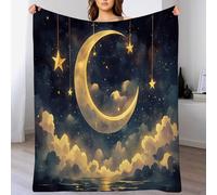 ANALTIRCE Crescent Moon Stars Blanket Flannel Throw Blankets, Dreamy Sea View Soft Fluffy Blanket for Bed Sofa, Cozy Plush Warm Blue Bedding Blankets for Adults Couch Travel Queen