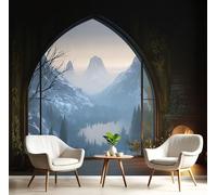 ANALTIRCE Fantasy World Window Photo Wallpaper 368×254cm Non-Woven Wall Art, Mountains Lakes Walls Mural XXL Modern Living Room Bedroom Murals Decoration Poster 220gsm Fabric Wall Covering