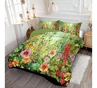 ANALTIRCE Flowers In Full Bloom Heart Duvet, Coverless Duvet Single 7.5 Tog, Reversible Nature Flowers Comeforter Set for All Season, Soft Lightweight Machine Washable Green Quilt 140x200cm