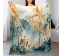 ANALTIRCE Forest Deer Animals Flannel Blankets, Double Trees Autumn Leaves Soft Cozy Flannel Blanket, Washable Fuzzy Blue Microfiber Throw Bedding Blanket for Home Office Room Bed Sofa Chair