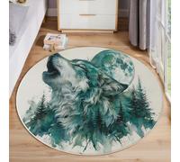 ANALTIRCE Forest Full Moon Round Area Rugs Kids Teen's Room, Soft Dugu Howling Like A Wolf Carpet Mat for Bedroom, White Circle Bedside Rug, Non Slip Washable Floor Rug for Kitchen, 120 cm