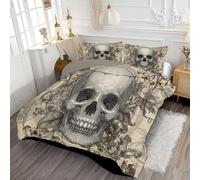 ANALTIRCE Gothic Skull Coverless Duvet Double 7.5 Tog, Reversible Washable Retro Vine Comforter with 2 Pillowcases, 200x200cm Lightweight and Warm Camping Sleepovers Travel Quilt Beige