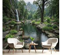 ANALTIRCE Green 3D Wall Mural Fog Spread Forest Print Premium Non Woven Photo Wallpaper Wall Murals, Creative Natural Waterfall Poster Picture Design for Bedroom Living Room Decoration 250×175cm