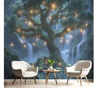 ANALTIRCE Green 3D Wall Mural Moss Big Tree Print Photo Wallpaper, Pristine Waterfall Non-Woven Wall Mural Decoration Poster Picture Design 250×175cm Wallpaper for Living Room Kids Bedroom