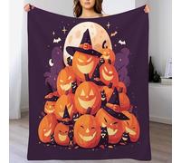 ANALTIRCE Halloween Full Moon Throw Blanket Pile Up Pumpkins Printed Blanket Soft Flannel Throw Blankets, Lightweight Fuzzy Purple Bed Blankets for Sofa and Travel 140×180 cm (55.12×70.87 in)