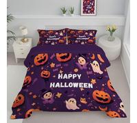 ANALTIRCE Happy Halloween Heart Duvet, Coverless Duvet Single 7.5 Tog, Reversible Cartoon Pumpkin Comforter Set for All Season, Soft Lightweight Machine Washable Purple Quilt 140x200cm