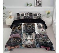 ANALTIRCE Kids Super King Coverless Duvet for All Seasons, Reversible Washable 264x230cm Quilt with Wearing A Hat Cat Patterns, Cute Animals Comforter with 2 Pillowcases 50x75cm, Black