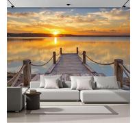 ANALTIRCE Mural 3D Photo Wallpaper 368 x 254 cm Non-Woven Tranquil Lakeside The Pier Extends Into The Lake Wallpaper, Brown Mural XXL Wall Decoration Art for Sofa TV Background Living Room