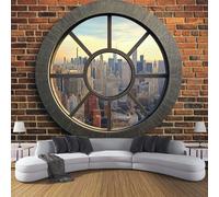 ANALTIRCE Mural Photo Wallpaper 3D New York City Skyline Non-Woven Premium Art Print Wall Round Window Mural Home Bedroom Living Room Poster Decoration Poster Wall Covering 100×70cm
