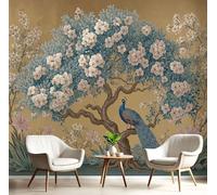 ANALTIRCE Mural Wallpaper Chinese Elegant Floral Mural Photo Wallpaper Bedroom Living Room 100×70cm Non-Woven Premium 3D Effect Classical Tree Peacock Print Wall Art for Hallway