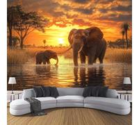 ANALTIRCE Mural Wallpaper Sunset Elephant Non-Woven Art African Grasslands Animals Print Wall Mural Decoration Poster Picture, Modern Living Room Bedroom Wall Wallpaper 368×254cm