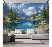 ANALTIRCE Photo Wallpaper 200 x 150 cm 3D Effect Fresh Tranquil Forest Murals Wallpaper, Mountain Lakes Decor Poster Picture Wall Art Murals Decoration for Bedroom Living Room and kidsroom Green