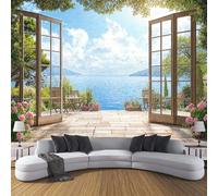 ANALTIRCE Photo Wallpaper 3D Effect Mural Panoramic Sea View Outside The Window Wallpaper, 200×150cm Non-Woven Wall Art Mural,3D Flowers Plants Bedroom Living Room Decoration Poster