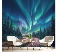 ANALTIRCE Photo Wallpaper Alaska Northern Lights Wall Mural Green Poster 100×70cm Poster Picture Nature Forest Highway Wall Murals for Living Room Bedroom Tv Background Home Decoration