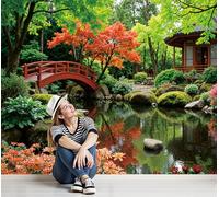 ANALTIRCE Photo Wallpaper an Arched Bridge Spans The Pond 368 x 254 cm - Wall Mural Deco Premium Non-Woven Art Japanese Garden Print XXL Wallpaper for Living Room, Modern Home Decoration Bedroom