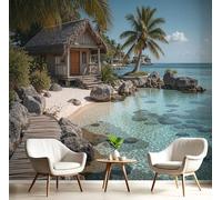 ANALTIRCE Photo Wallpaper Maldives Palm Trees 300×210cm - Wall Mural Deco Premium Non-Woven Art Vacation Log Cabin Print XXL Wallpaper for Living Room, Modern Home Decoration Bedroom Wall Paper