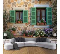 ANALTIRCE Photo Wallpaper Traditional Stone House Wall Mural Brown XXL Poster 400×280cm Poster Picture Windowsill Flowers Wall Murals for Living Room Bedroom Tv Background Home Decoration