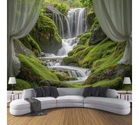 ANALTIRCE Photo Wallpaper Waterfall Outside The Window Wall Mural Green XXL Poster 450×300cm Poster Picture Nature Moss Rocks Wall Murals for Living Room Bedroom Tv Background Home Decoration