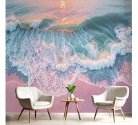 ANALTIRCE Pink 3D Wall Mural Naturally The Beach Print Photo Wallpaper, Sunset Ocean Waves Non-Woven Wall Mural Decoration Poster Picture Design 300×210cm Wallpaper for Living Room Kids Bedroom