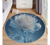 ANALTIRCE Realistic Flowers Round Rugs Living Room 60 cm, Refreshing Ice Rose Design Machine Washable Area Rug, Low Pile Circle Bedside Non-Slip Carpets for Bedroom, Lounge, Hall Blue