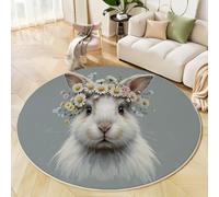 ANALTIRCE Round Rug 180 cm, Machine Washable Rug, Daisy Rabbit Non Slip Floor Carpet, Low Pile Live Animals Illustrations Soft Area Rugs for Living Room Bedroom Nursery Lounge Office, Grey