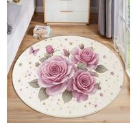 ANALTIRCE Round Rug 200 cm, Machine Washable Rug, Cartoon Rose Non Slip Floor Carpet, Low Pile Classical Flowers Butterflies Soft Area Rugs for Living Room Bedroom Nursery Lounge Office, White
