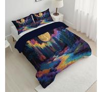 ANALTIRCE Single Coverless Quilt 7.5 Tog, Reversible Washable Dreamlike River Quilted Duvet, Super Soft Warm Comfy Full Moon Shone Forest 140x200cm Bedding Camping Duvet with 1 Pillowcases Blue